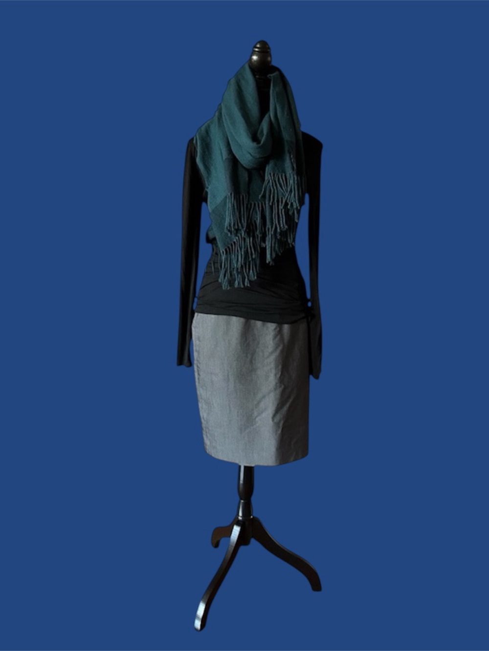 RW&CO.. Black Turtleneck Top, Gray Skirt, Teal scarf